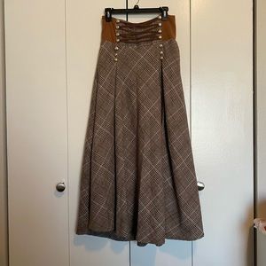 Unique Vintage Style Victorian Western Brown Plaid Skirt with Gold Buttons